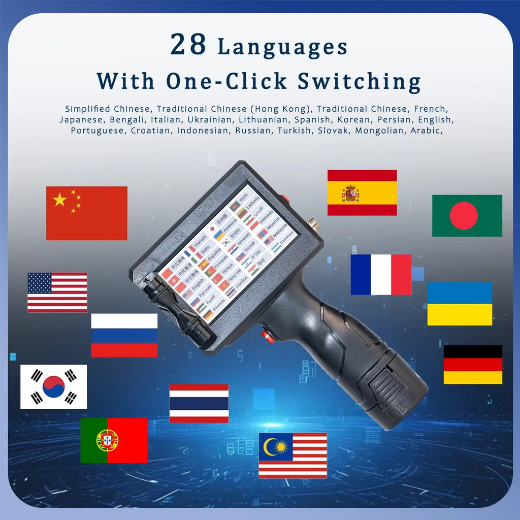 Handheld inkjet printer showing multilingual switching on the screen