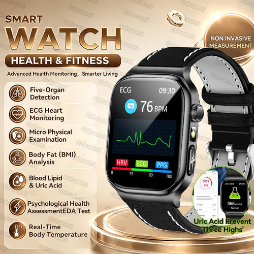 Black smartwatch with ECG-style health display and black band, rounded screen.
