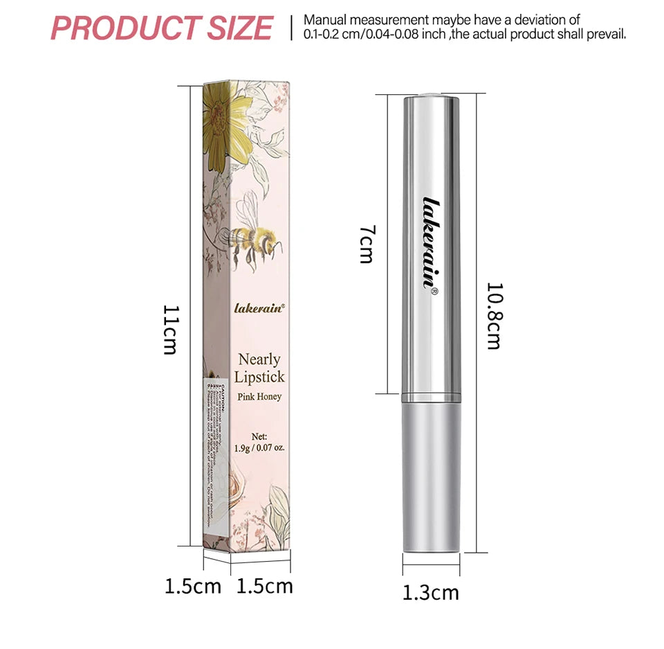 Lakerain honey-infused lipstick and floral packaging with measurements for nourishing, non-stick lip makeup.