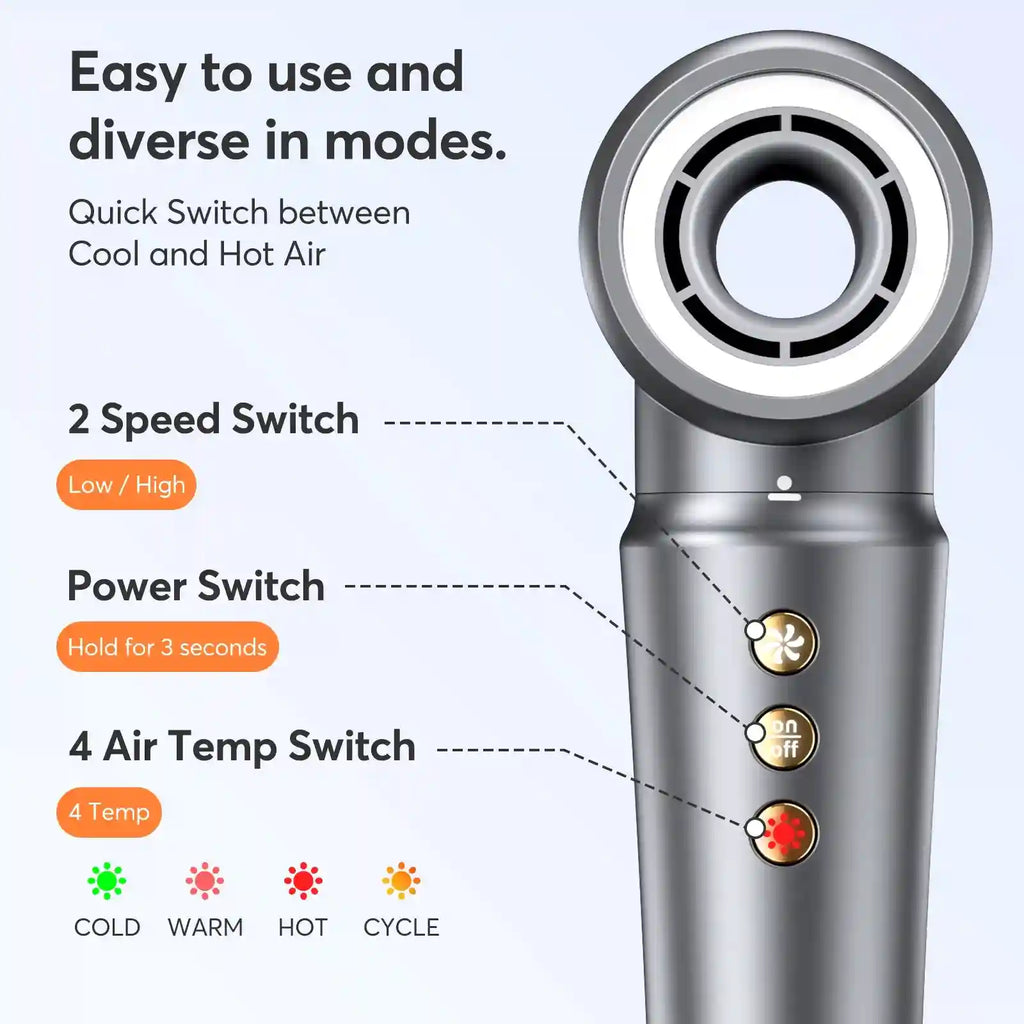 Bopcal 5-in-1 grey hair dryer showing speed, power, and 4-temperature control settings for precision styling.