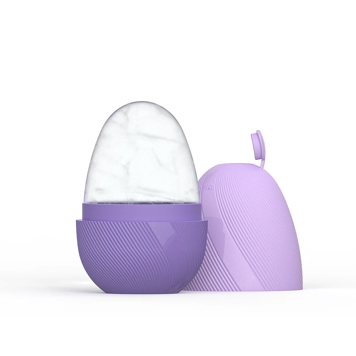 A purple egg-shaped silicone ice roller with a detachable lid and a rounded ice core, isolated on a white background.