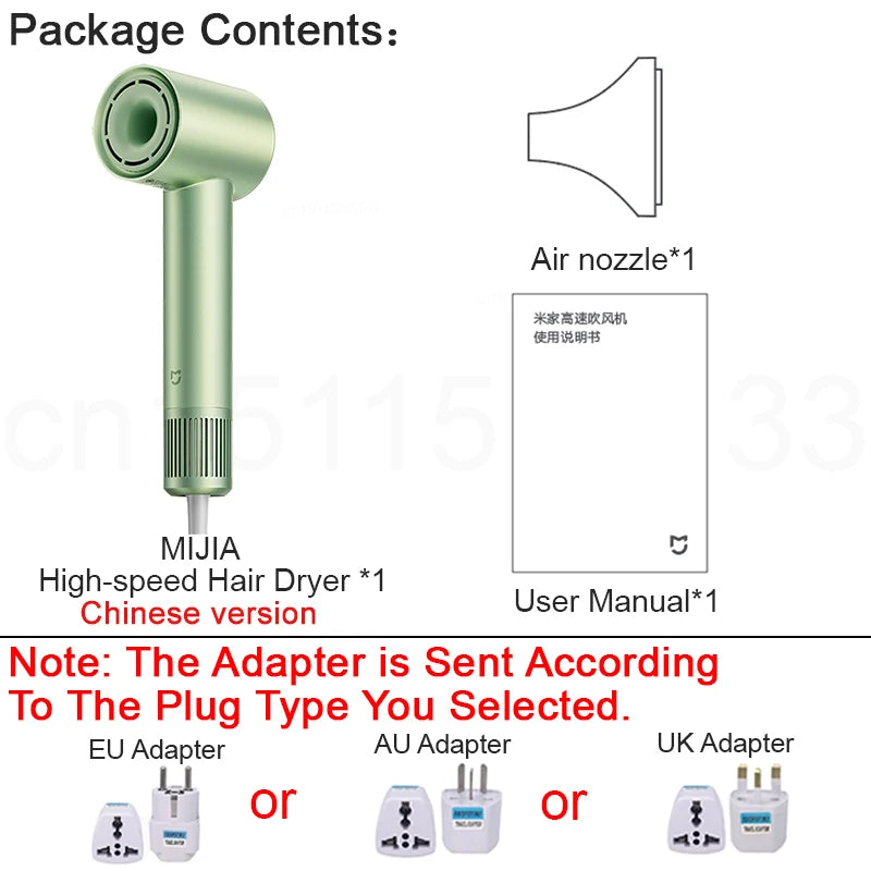 MIJIA High-Speed Ionic Hair Dryer in green with air nozzle, user manual, and international plug adapter options.