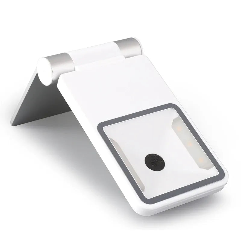 White foldable desktop 2D barcode scanner with tilted head and front scanning window