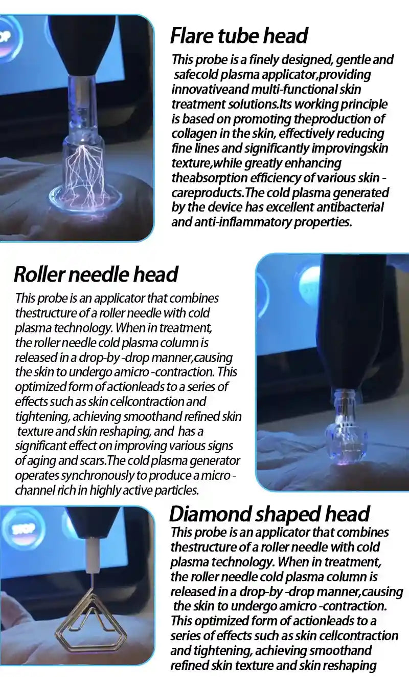 6-in-1 cold plasma beauty device showing flare, roller needle, and diamond applicators for deep skin cleansing.