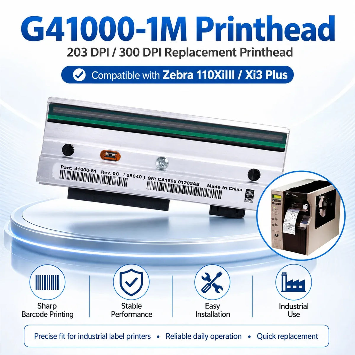 Zebra 110xi3 printhead replacement angled view with green print bar and barcode sticker