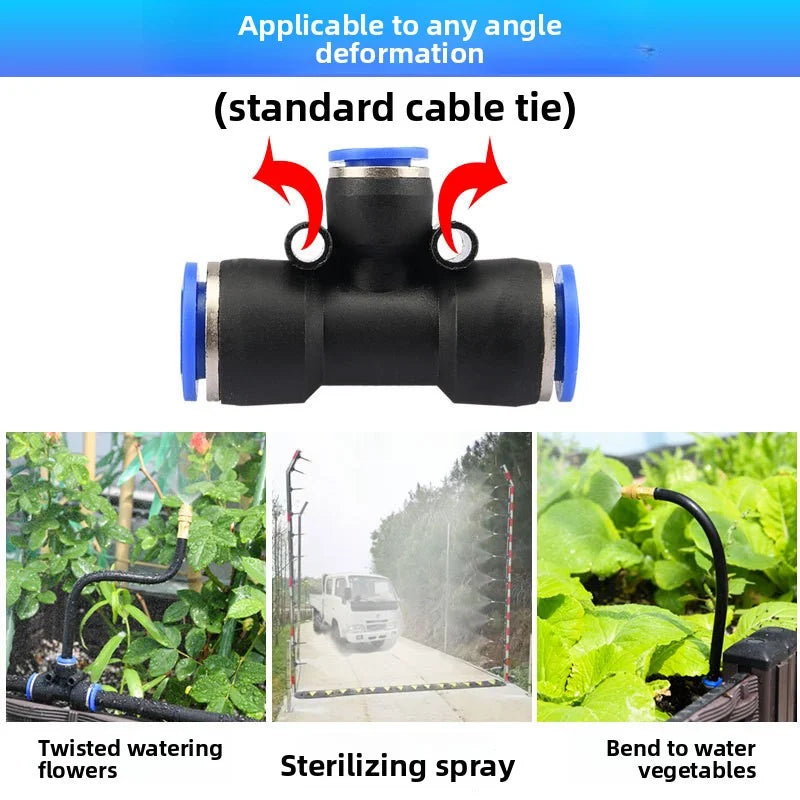 Adjustable T-joint sprinkler connector for PE pipe irrigation, with water spray examples
