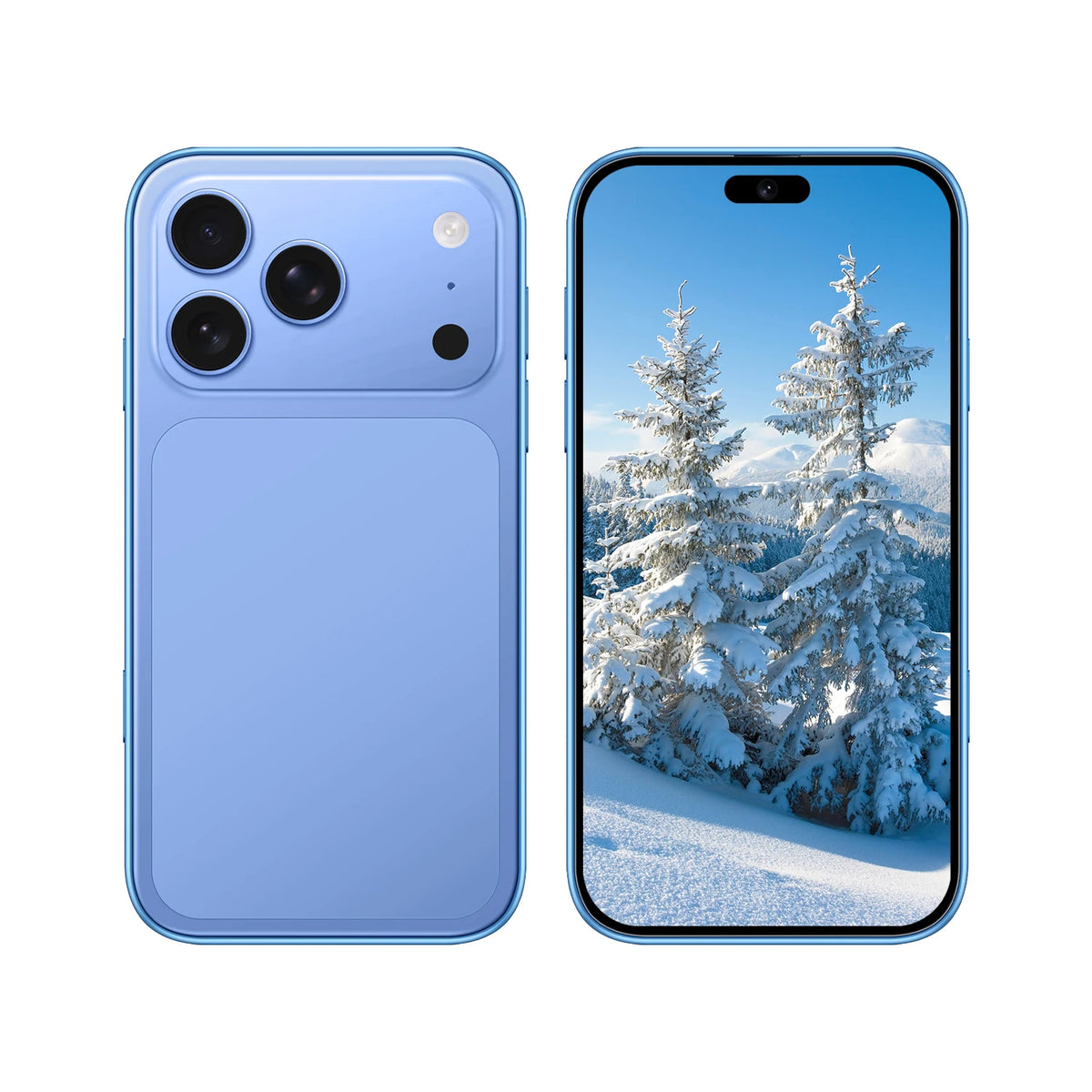 Blue smartphone with dual rear cameras and a front display showing a snowy landscape