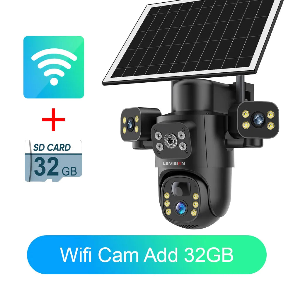 Outdoor solar security camera with front three-lens module and dual solar panel