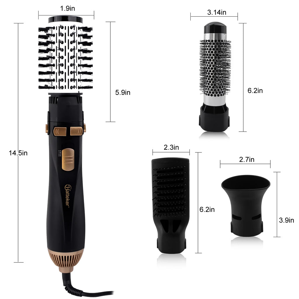 Hatteker 4-in-1 hot air brush set: black and gold styling tool with 4 attachments, dryer, and curler with dimensions.