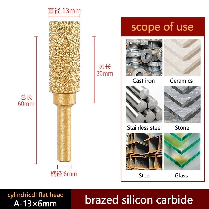 Brazed diamond grinding and polishing head, cylindrical flat gold tip with 6mm shank