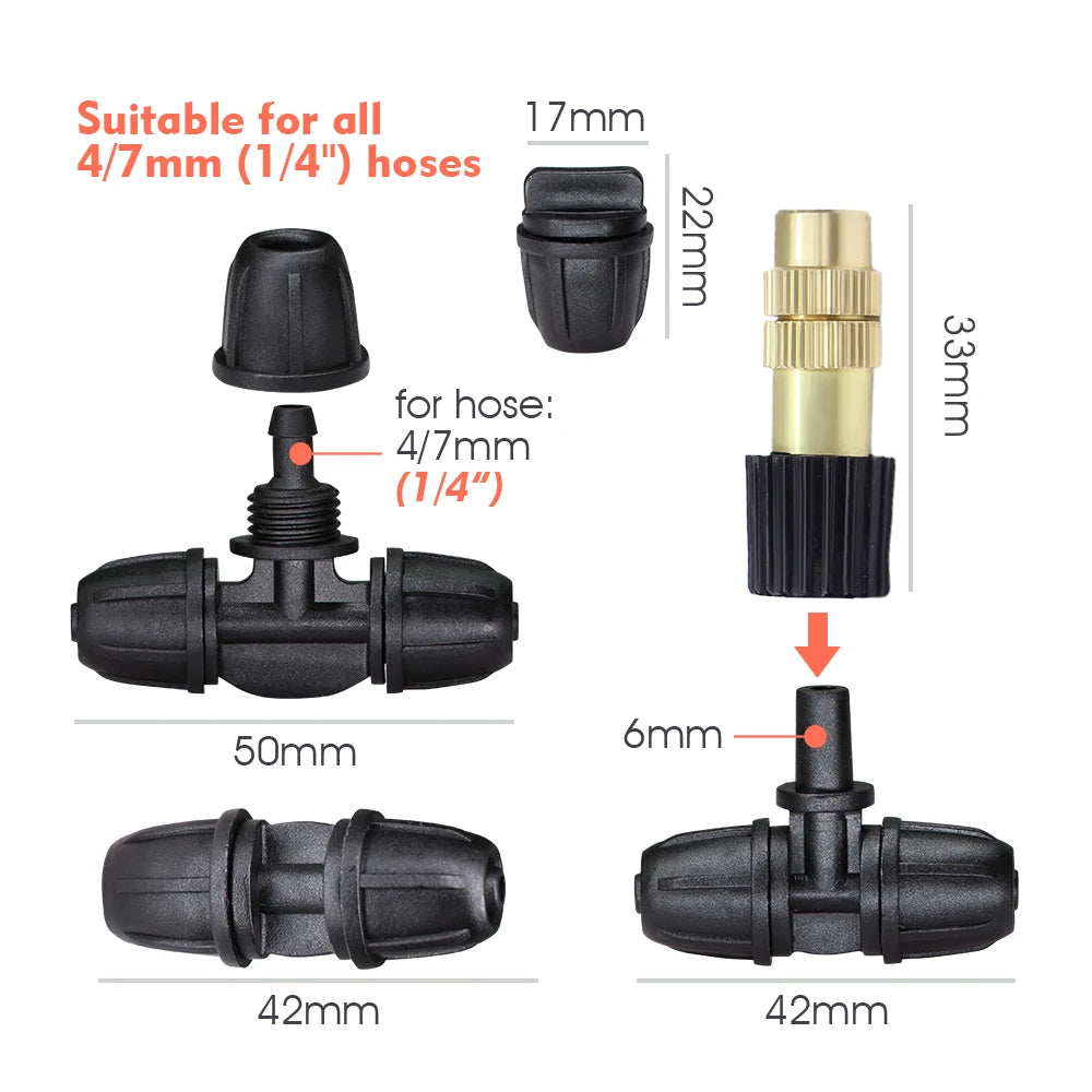 Diagram of 4/7mm (1/4") hose fittings with brass insert and black tee sprayer