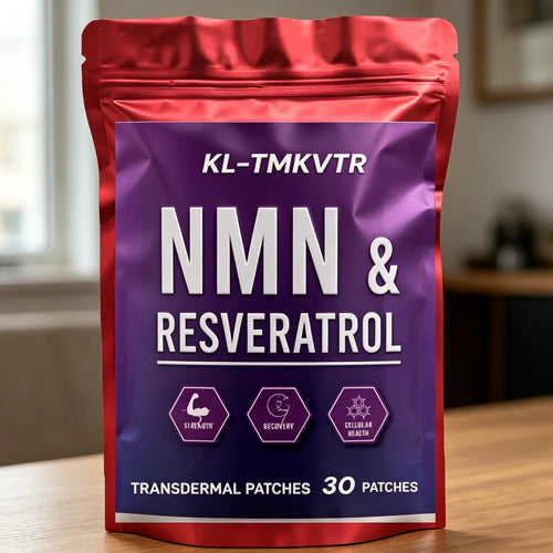 Anti-aging NMN & Resveratrol supplement, 30 transdermal patches in a red and purple stand-up pouch.
