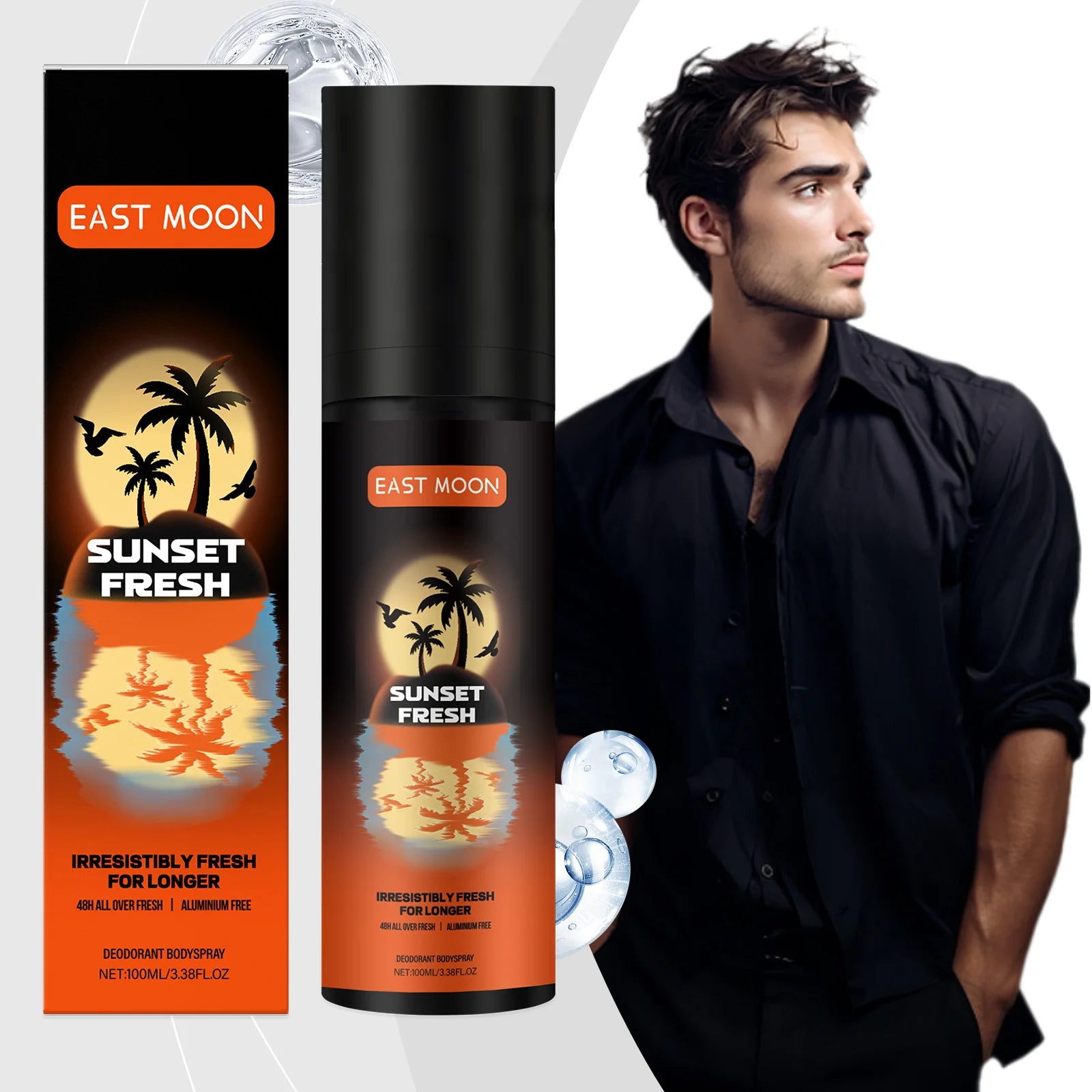 Tidesmit East Moon fruity underarm deodorizing spray for sweat elimination and body odor removal for men.