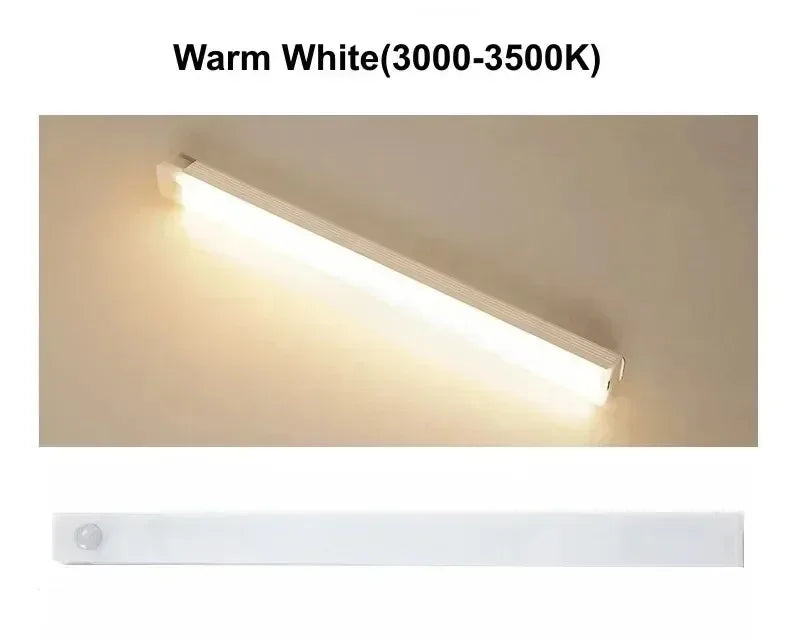 Wall LED light bar emitting warm white (3000–3500K), rectangular strip design