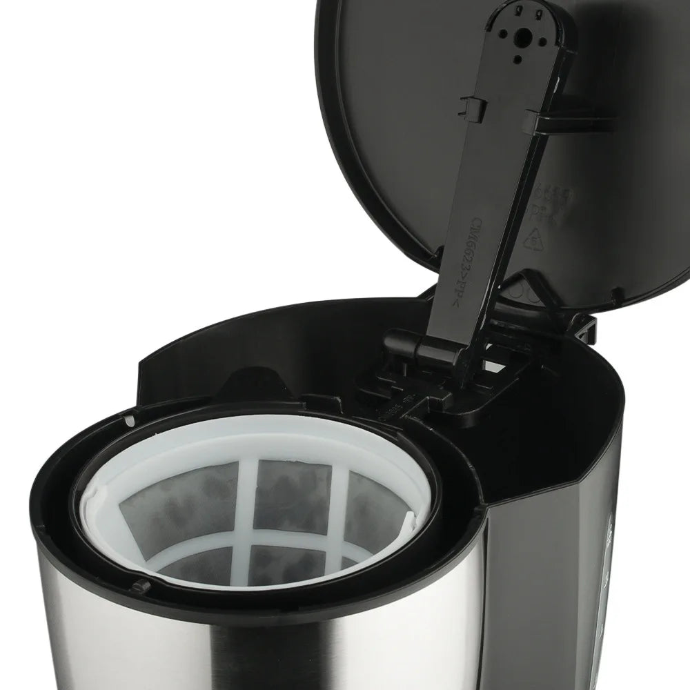 Black and stainless steel coffee maker with open lid, white reusable mesh filter, and modern plastic housing.