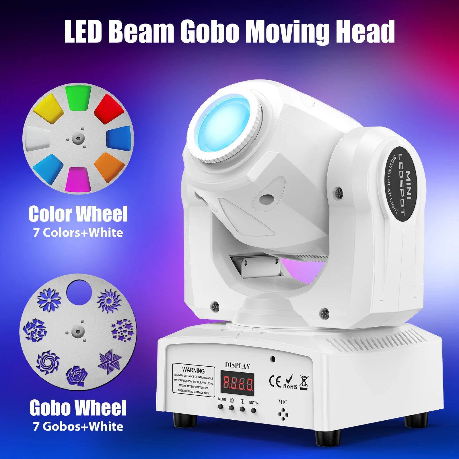 U'King 60W LED Moving Head Light White 4IN1 RGBW LED 7 Gobos Beam Stage Light DMX512 Remote Control for DJ Disco Show Party