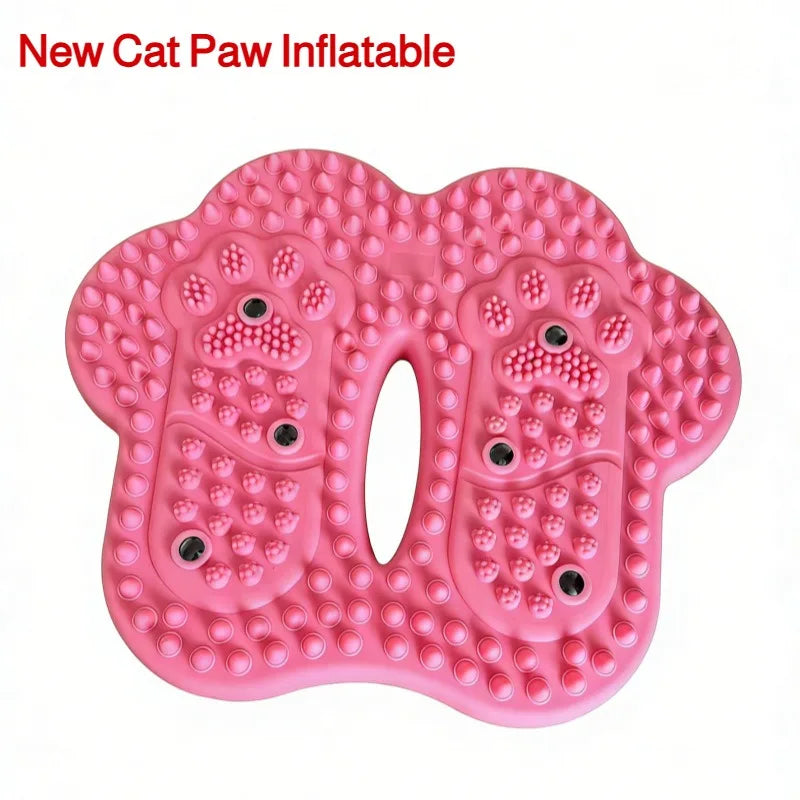 Pink cat paw-shaped inflatable foot massage mat with textured nubs and magnetic points for acupressure therapy.