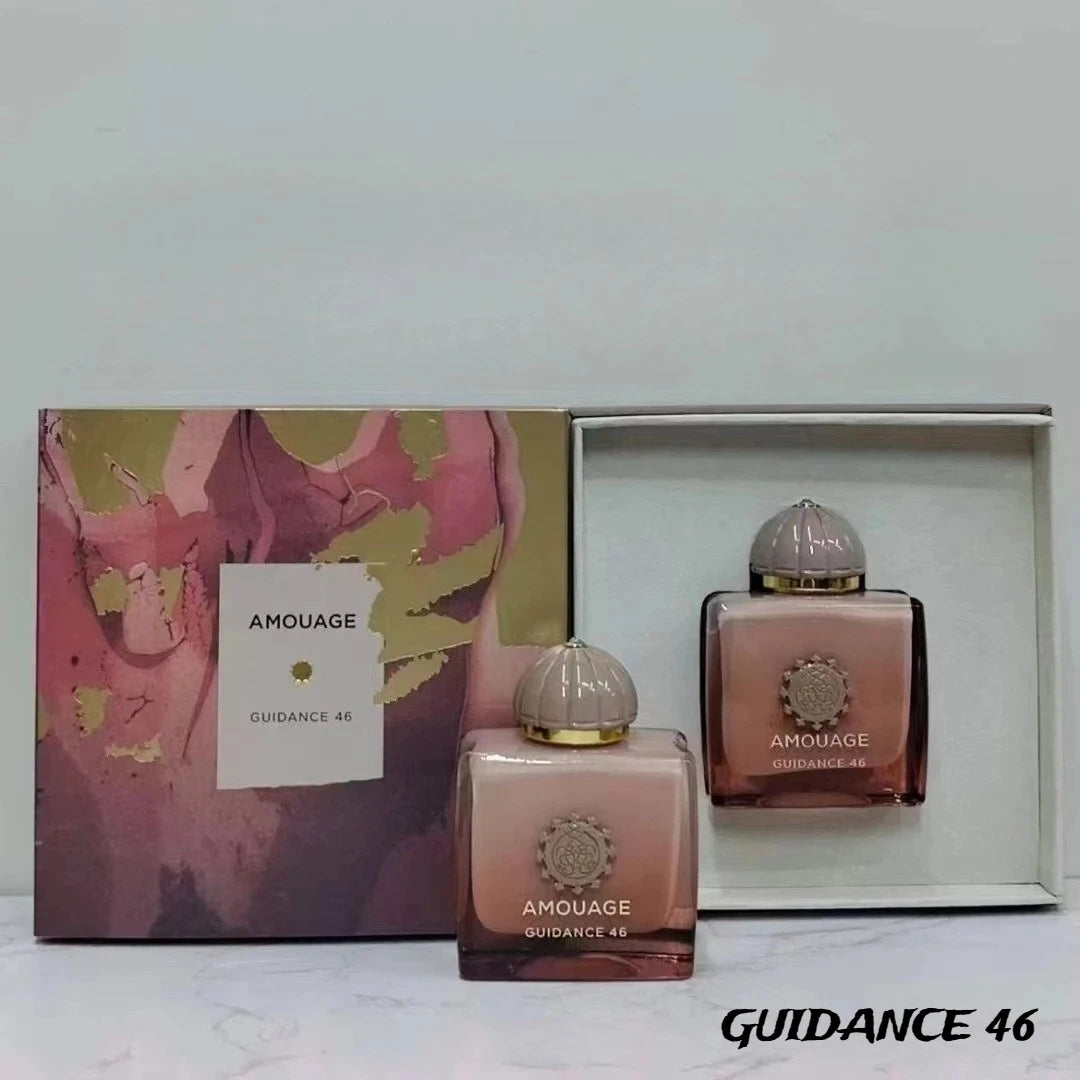 Amouage Guidance 46 Women's EDP: Luxurious pink square bottle, elegant long-lasting feminine fragrance gift set.