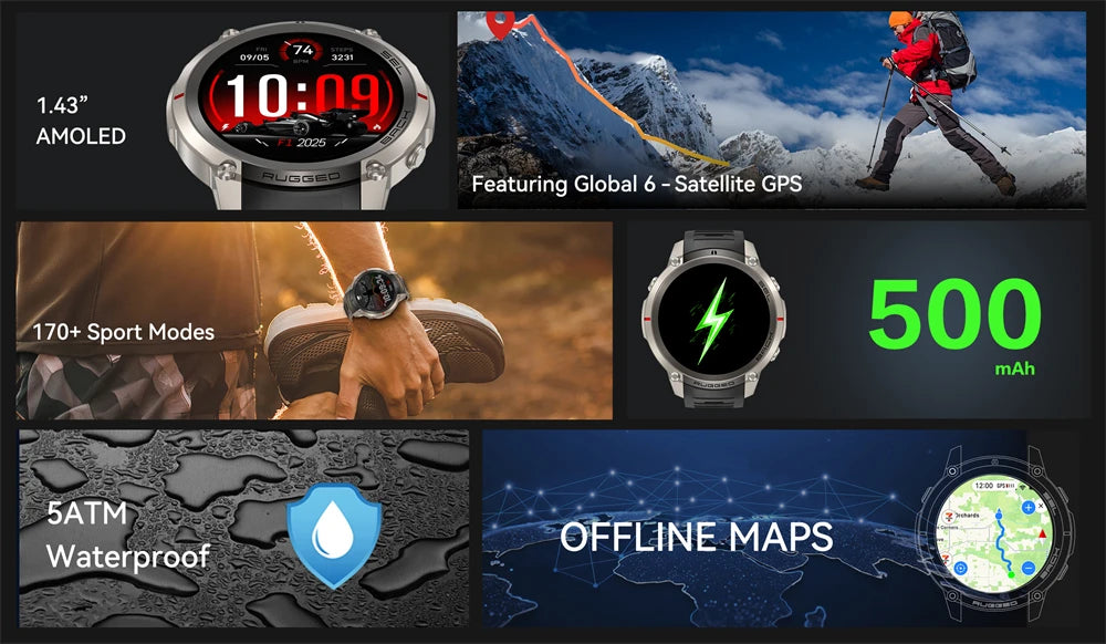2026 Outdoor Tactical GPS 1.43"AMOLED Smart Watch Offine Map Compass Heart Rate Fitness Tracker 5ATM Waterproof Sports Watches