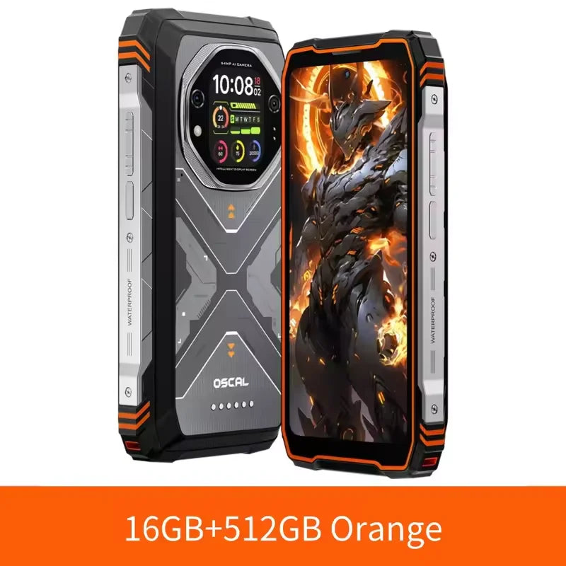 Blackview Oscal TANK 1 orange rugged 5G phone, 16GB/512GB, showing front display and secondary rear screen.