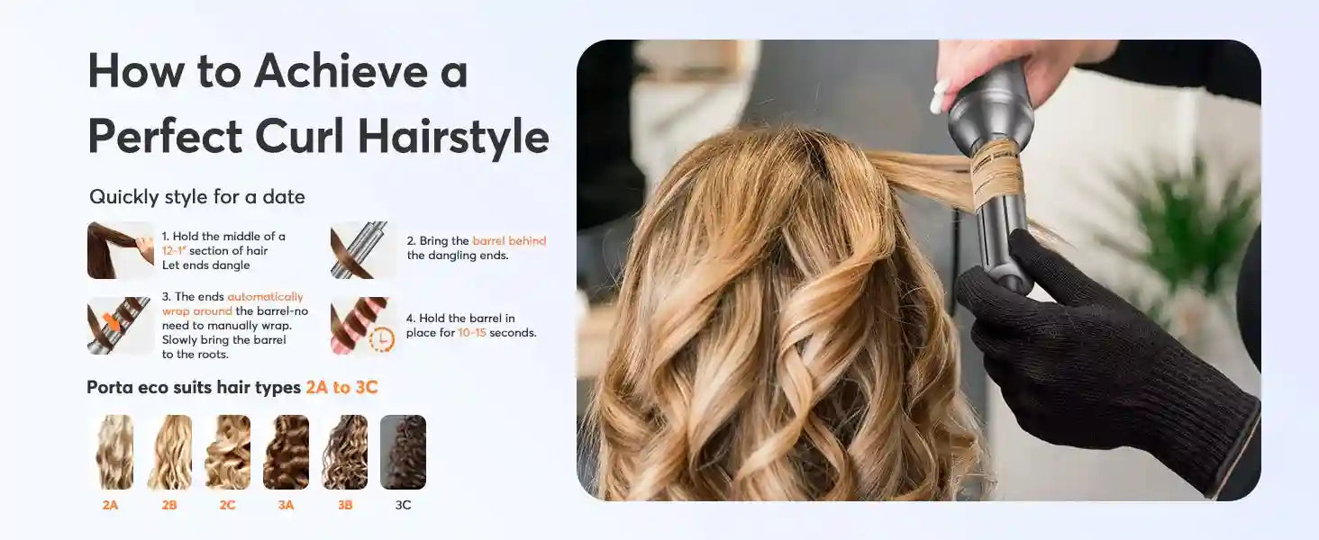 Bopcal 5-in-1 hair dryer and curling wand curling blonde hair with silver auto-wrap barrel and protective glove.