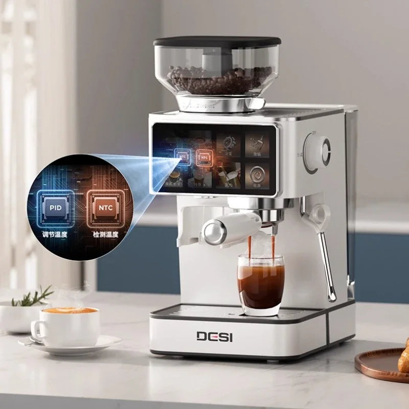 DESI white stainless steel espresso coffee maker with integrated bean hopper, PID temperature control, and touchscreen.