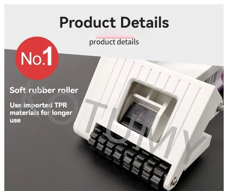 White handheld labeler with soft rubber roller and black label-feed rollers