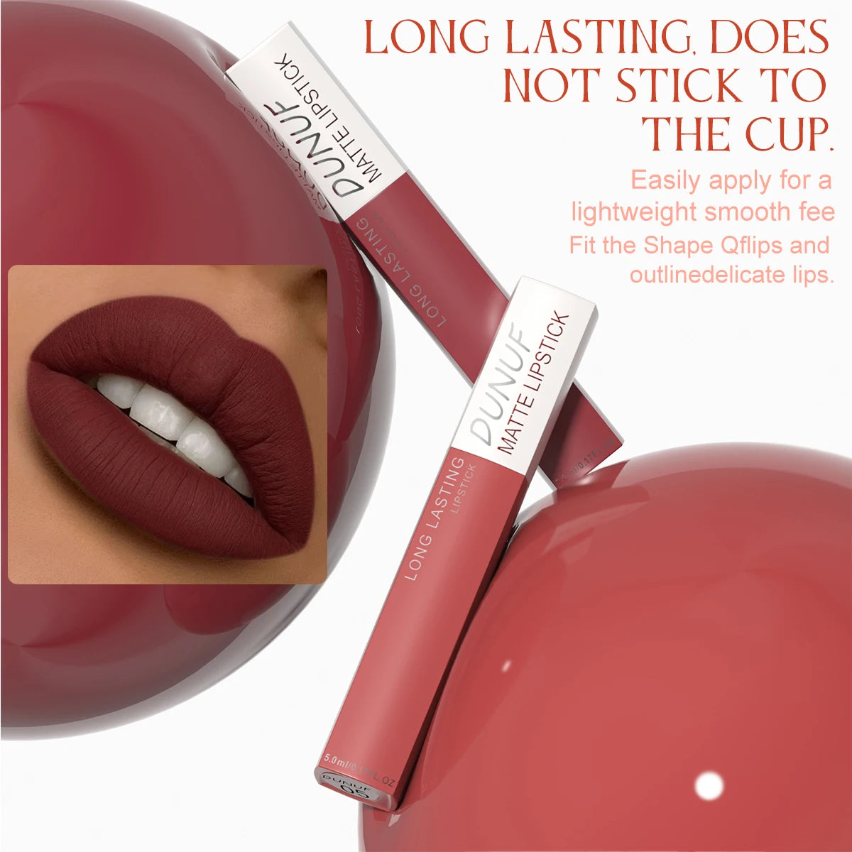 8pcs long-lasting matte lipstick set featuring deep red and nude shades in non-stick, waterproof liquid formulas.