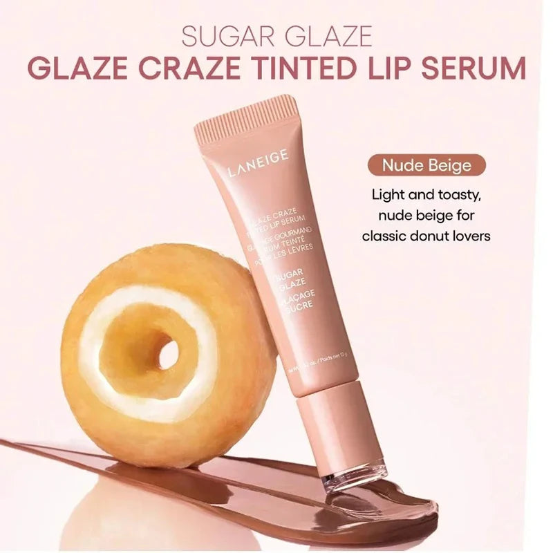Laneige Sugar Glaze Tinted Lip Serum in Nude Beige with a glossy, moisturizing texture and donut imagery.