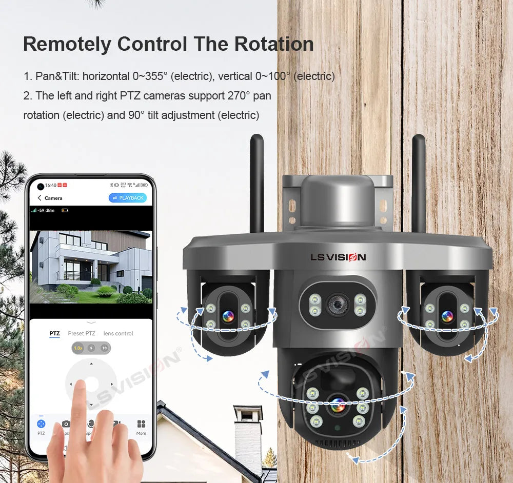 LS VISION 4G / WiFi Solar Camera 3Lenses Outdoor 15MP 4K Low Power Battery IP Camera PIR Night Vision V380 Pro CCTV Security