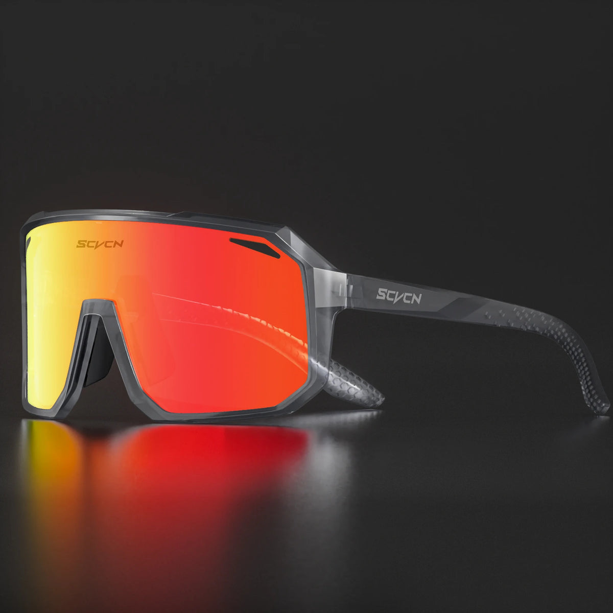 Black cycling sunglasses with orange mirrored full-screen lens and side shield