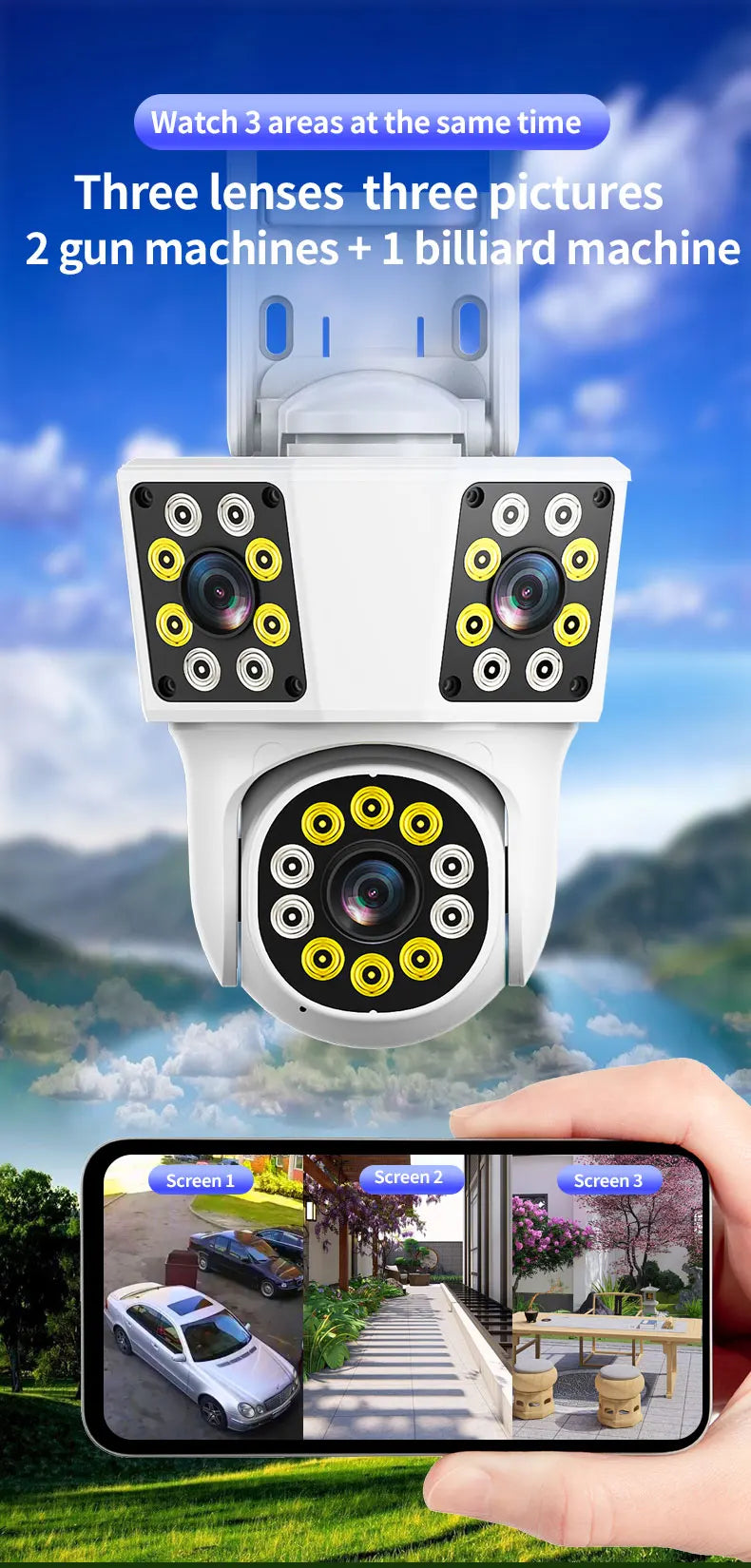 6K 12MP WiFi Outdoor Camera 3 Lens 3 SCREENS Ai Motion Tracking  PTZ 4K Video Camera Security surveillance Camera IPC360 Home