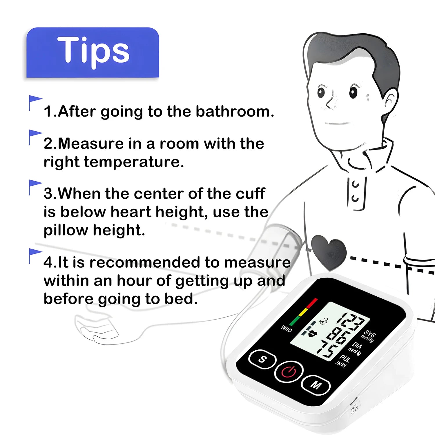 Upper Arm Blood Pressure Monitor Heart Rate Health Blood Pressure Detector Arm Cuff Digital BP Meter Pluse Automatic Tensiometer