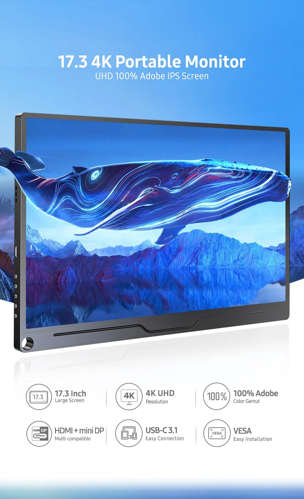 UPERFECT Truely 4K Computer Monitor 17.3" IPS UHD 500 Nit Brightness 3840X2160 USB C HDR FreeSync Speaker Type-C HDMI OTG VESA