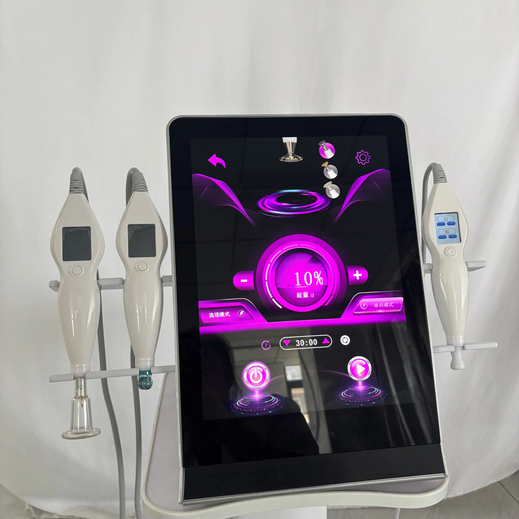 White professional facial machine with touchscreen interface and three diamond stamp skin rejuvenation treatment wands.