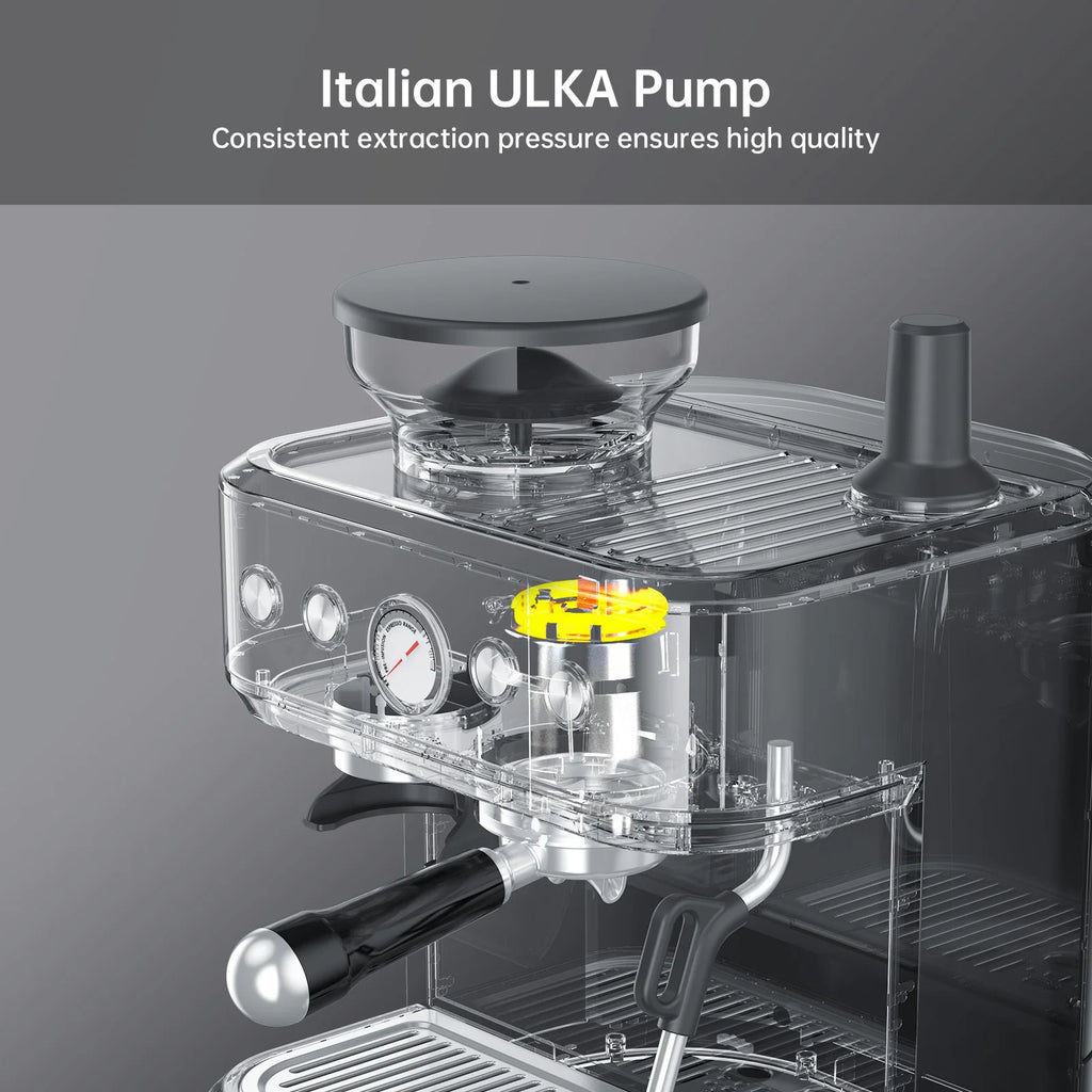 Transparent espresso machine featuring Italian ULKA pump, analog pressure gauge, and portafilter for home brewing.