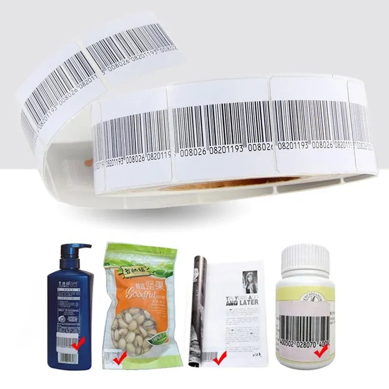 White RF EAS barcode soft label roll with black barcodes, shown beside products