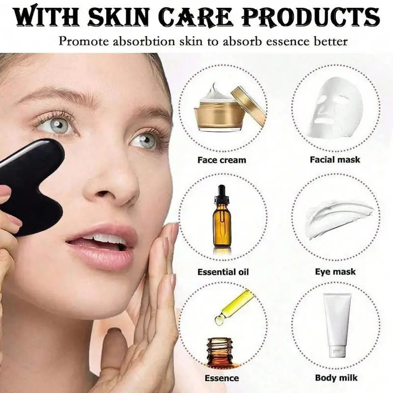 Woman using a black gua sha massage tool on her cheek next to icons of various skincare products.