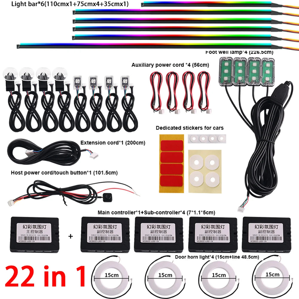 RGB Car Ambient Light Kit | App-Controlled Acrylic Fiber Optic System 22 in 1 Full color Tidesmit