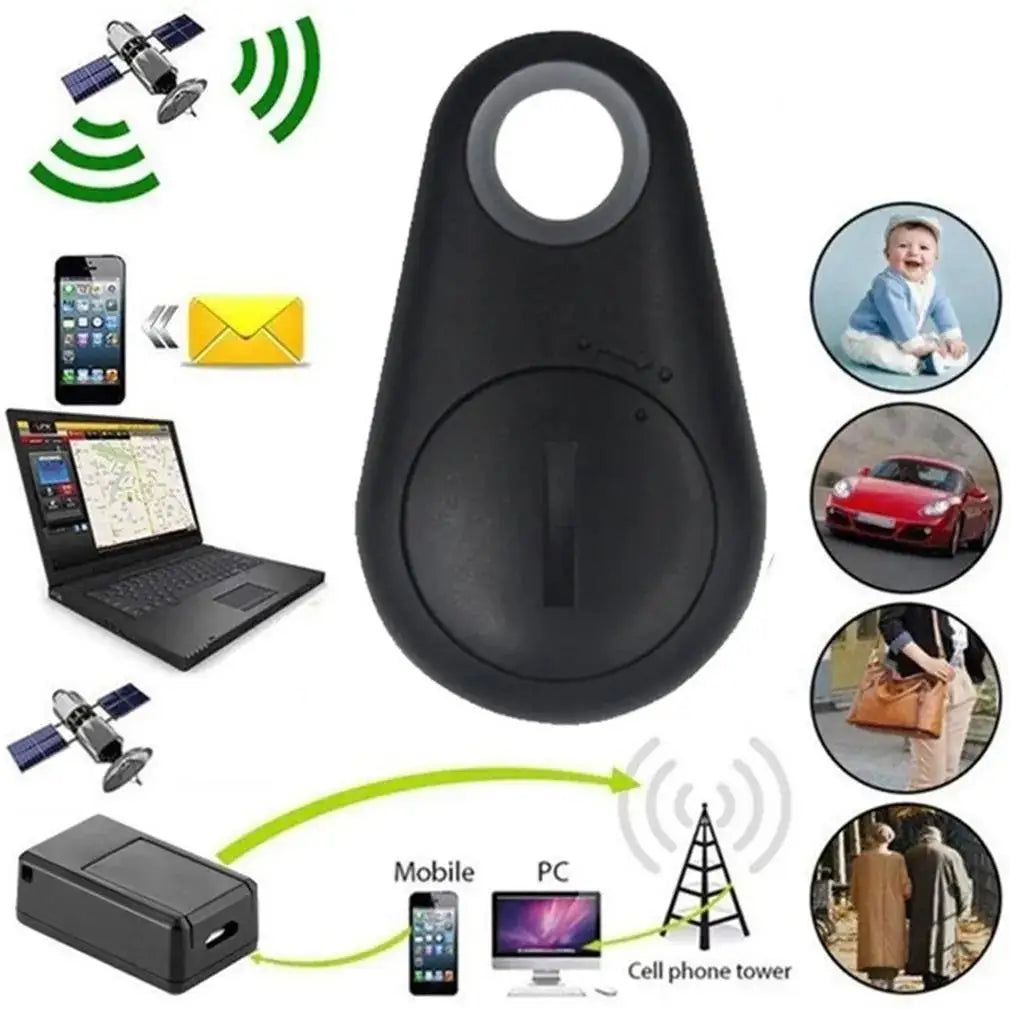 Black wireless mini GPS tracker for pets and bags. Bluetooth anti-lost smart tag with mobile app tracking and alarm.