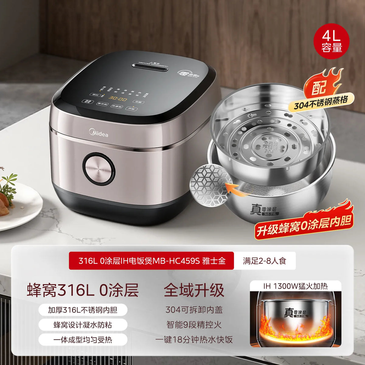 Midea 4L rice cooker with non-stick inner pot and 304 stainless inner lid