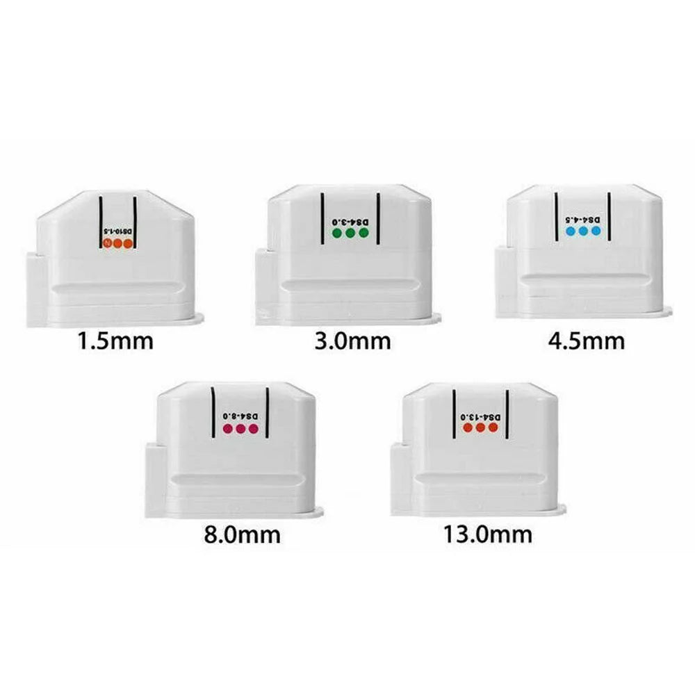 Five white HIFU machine cartridges labeled with sizes 1.5mm, 3.0mm, 4.5mm, 8.0mm, and 13.0mm against a white background.