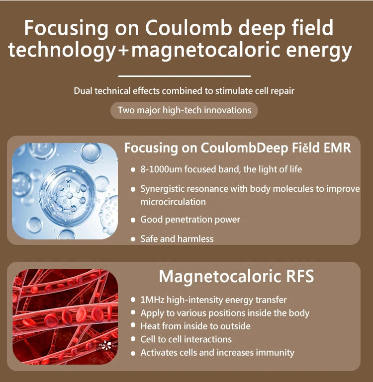 Infographic comparing Coulomb Deep Field EMR and Magnetocaloric RFS technologies for cellular repair and