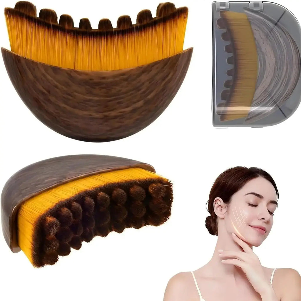 Crescent-shaped facial brush with brown wood-look handle and ombre yellow bristles, shown in a clear case and in use.