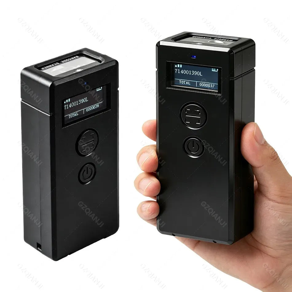 Black handheld 2D barcode scanner with display and control buttons