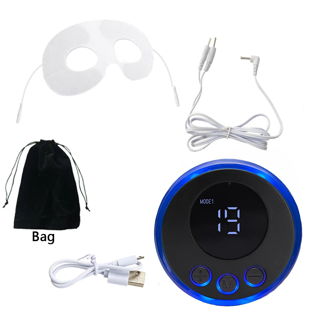 Electric EMS eye massager with white mask, control unit, cables, and storage bag for facial lifting and anti-wrinkle.