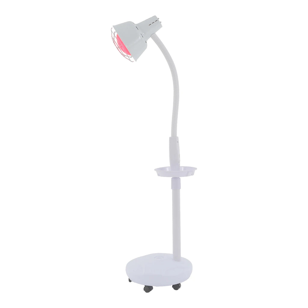 275W infrared heat therapy lamp with adjustable floor stand, wheels, timer, and red bulb for muscle pain relief.