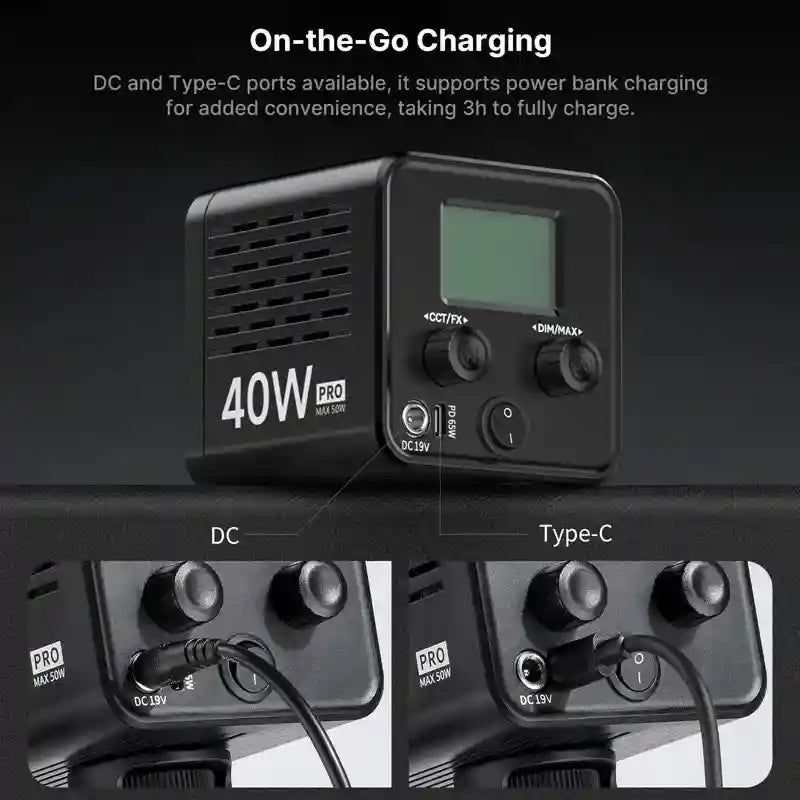 Black 40W Pro LED light controller with LCD screen, control knobs, and DC/USB-C ports for portable power charging.