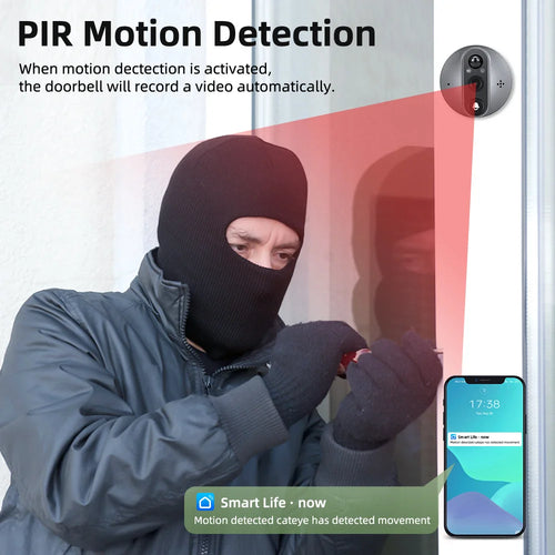 Round gray doorbell camera with PIR motion detection, showing phone notification