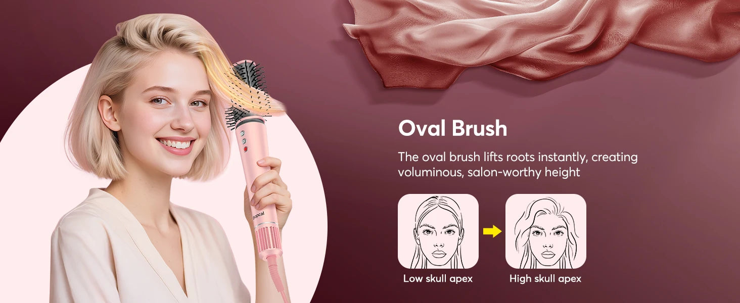 Woman using pink 5-in-1 air wrap hair dryer brush with oval attachment for voluminous, salon-style blowouts.